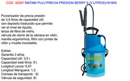 MATABI Pulverizador Previa Presión Berry 5 (3 L.)