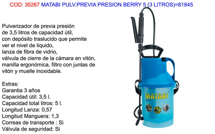 MATABI Pulverizador Previa Presión Berry 5 (3 L.) MATABI Pulverizador Previa Presión Berry 5 (3 L.)