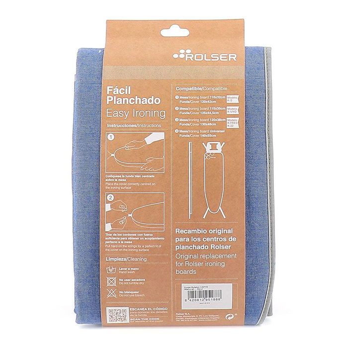 Rolser Funda para Tabla de Planchar Azul 120 x 42 cm 100% Algodón con Cierre de Cordón