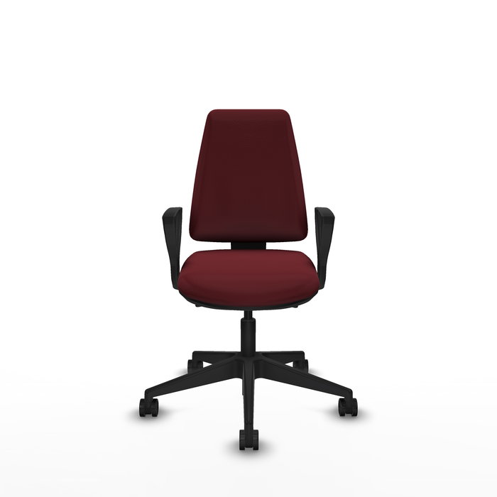 Silla de oficina Elche con mecanismo Asincro tapizada con Similpiel color Granate. Equipada con Base piramidal negra, Brazos fijos y Ruedas 65mm nailon