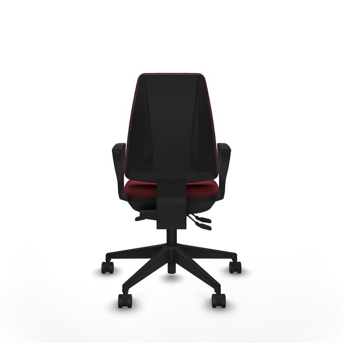 Silla de oficina Elche con mecanismo Asincro tapizada con Similpiel color Granate. Equipada con Base piramidal negra, Brazos fijos y Ruedas 65mm nailon