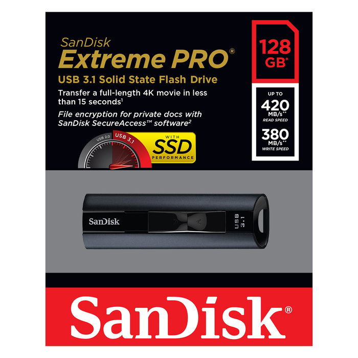 SanDisk Extreme Pro USB 3.2 128GB, Lector USB Tipo A, hasta 420 MB/s, Deslizante y Resistente en Aluminio, Negro