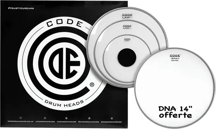 CODE Tom Pack Law Fusion Transparente (10,12,14" + DNA 14") Parches de Batería Sonido Vintage 70