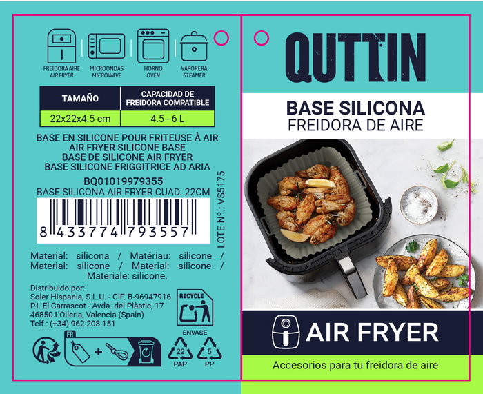 Quttin Base Silicona Air Fryer Cuadrada 22 cm (24 Unidades)