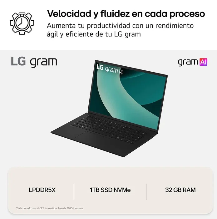 Portátil lg gram 14z90t 14" i7 255h wuxga 32 gb1 tb w11 pro español negro