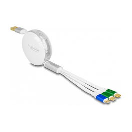 DeLOCK Cable de Carga Retráctil USB 3 en 1, Tipo-A a Micro USB y 2 x USB-C, Carga Rápida 3A, 1.13 m, Blanco