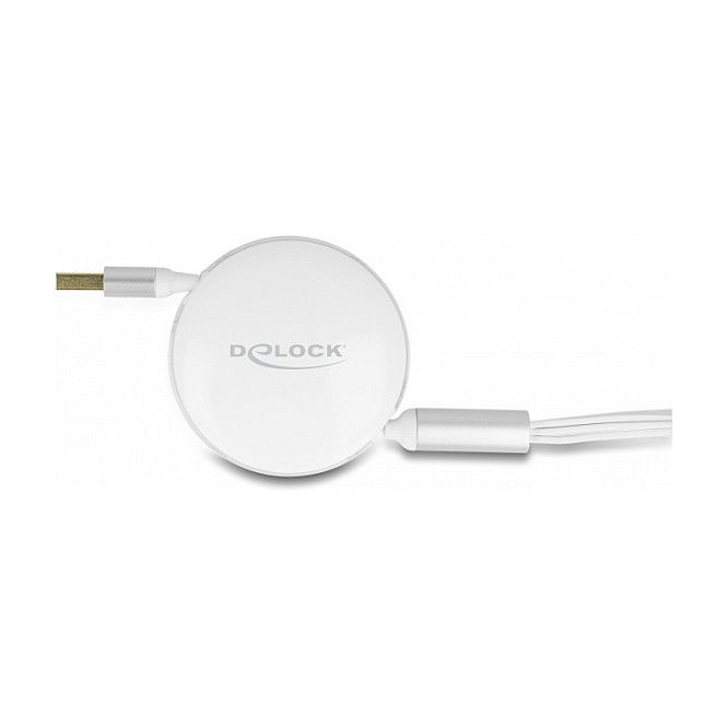DeLOCK Cable de Carga Retráctil USB 3 en 1, Tipo-A a Micro USB y 2 x USB-C, Carga Rápida 3A, 1.13 m, Blanco