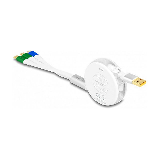 DeLOCK Cable de Carga Retráctil USB 3 en 1, Tipo-A a Micro USB y 2 x USB-C, Carga Rápida 3A, 1.13 m, Blanco