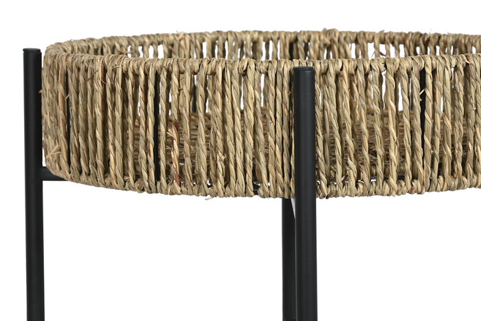DKD Home Decor Set de 2 Mesitas Auxiliares de Metal y Fibra Negro y Natural