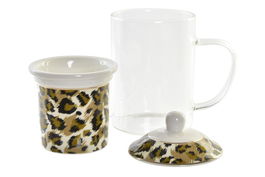 DKD Home Decor Mug Infusiones Leopard shengda Porcelana Cristal Marron Negro Transparente 300ml 8 x 14.5 x 12 cm (6 Unidades)