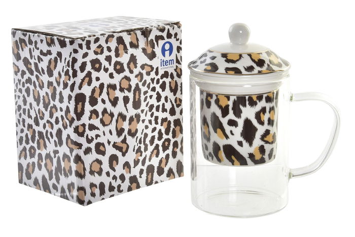 DKD Home Decor Mug Infusiones Leopard shengda Porcelana Cristal Marron Negro Transparente 300ml 8 x 14.5 x 12 cm (6 Unidades)