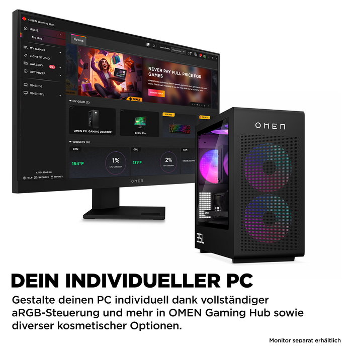 HP OMEN GT16-0083ng - Ordenador de Sobremesa Gaming, AMD Ryzen 7 8700F, 32GB RAM, 3TB SSD, NVIDIA GeForce RTX 5070 Ti, Windows 11 Home