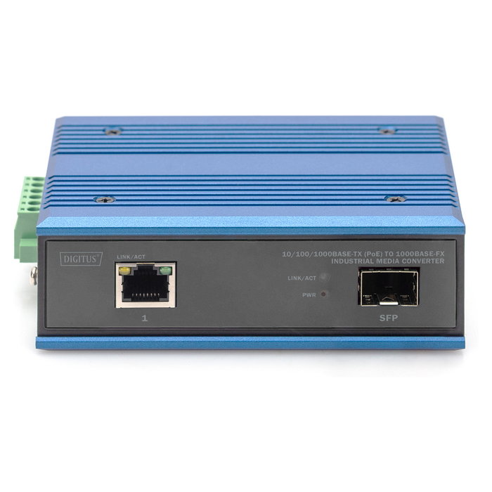 Digitus Conversor de Medios Industrial PoE, 10/100/1000Base-TX a 1000Base-FX, Gigabit Ethernet, Carcasa Aluminio IP40, Montaje en Rail DIN