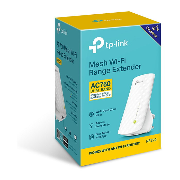 TP-Link RE220 Repetidor WLAN Extensor de WiFi Doble Banda 433 Mbps, Ethernet 10/100 Mbps, WiFi 5 (802.11ac), con Puerta de Enlace Inteligente y Botón WPS, Blanco