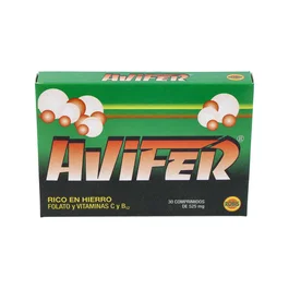 ROBIS Avifer Suplemento con Hierro, Ácido Fólico, Vitamina B12 y C para Cansancio y Fatiga, 30 Comprimidos