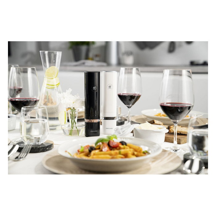 Zwilling ENFINIGY Juego de Salero y Pimentero Eléctrico 2 en 1 con Molienda Ajustable Fin/Gruesa, Negro/Blanco, Batería Li-ion