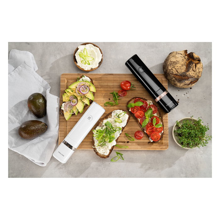 Zwilling ENFINIGY Juego de Salero y Pimentero Eléctrico 2 en 1 con Molienda Ajustable Fin/Gruesa, Negro/Blanco, Batería Li-ion