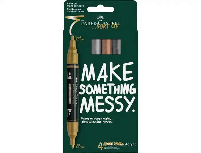 Faber Castell Rotulador Acrílico de Doble Punta, Tinta a Base de Agua, Caja de 4 Unidades Colores Metálicos Surtidos - Ideal para Profesionales y Aficionados Faber Castell Rotulador Acrílico de Doble Punta, Tinta a Base de Agua, Caja de 4 Unidades Colores Metálicos Surtidos - Ideal para Profesionales y Aficionados
