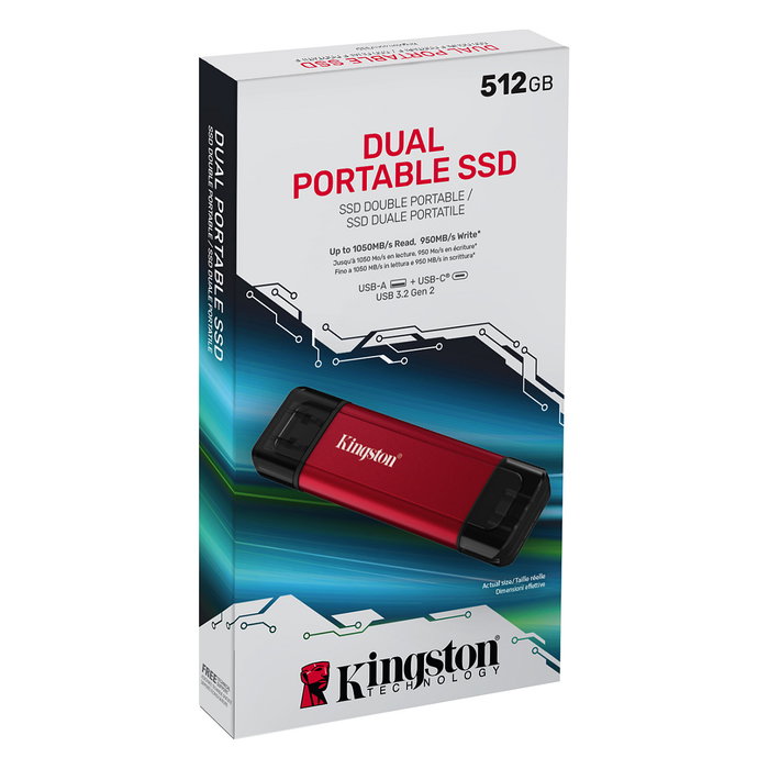 Kingston 512GB Dual USB-A/C Portable SSD, USB 3.2 Gen 2, Hasta 1050MB/s, Negro y Rojo
