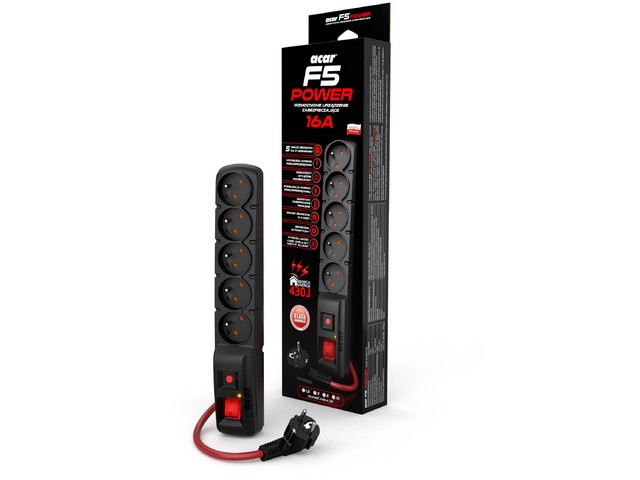 Acar F5 Power Regleta de protección 5 tomas 10.0m 16A negro