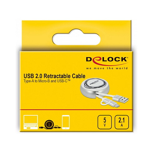 DeLOCK Cable retráctil 2 en 1 USB-A a Micro-B y USB-C, 0,92 m, Blanco/Plata