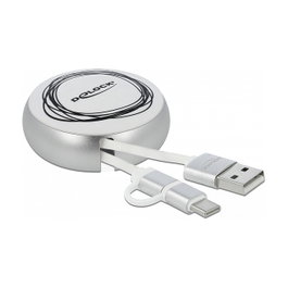 DeLOCK Cable retráctil USB 2 en 1 Tipo-A a Micro-B y USB-C Blanco/Plata