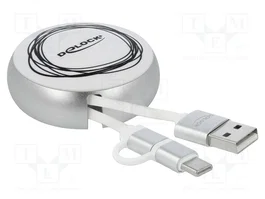 DeLOCK Cable retráctil USB 2 en 1 Tipo-A a Micro-B y USB-C Blanco/Plata