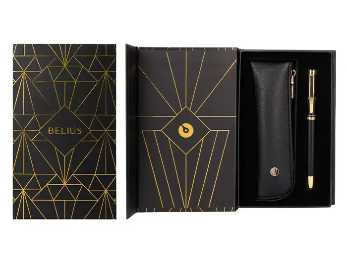 Belius Pluma y Estuche Soirée Color Art Deco Negro y Dorado Tinta Azul Caja de Diseño M