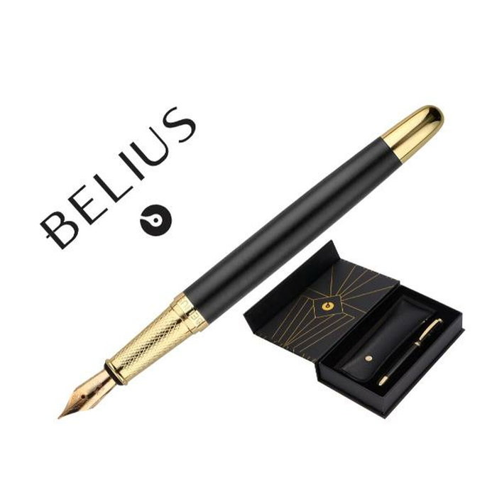 Belius Pluma Soiree Negro y Dorado con Tinta Azul y Estuche Art Deco