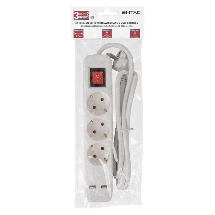 ENTAC Regleta de enchufes con 3 salidas AC, 2 puertos USB y cable de 1,5 m - Blanco