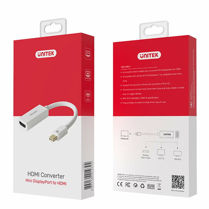 Unitek Adaptador Mini DisplayPort a HDMI 0,20m 4K Y-6331