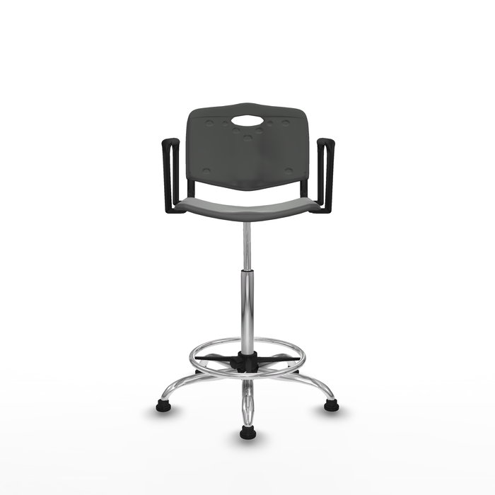 Taburete Robledo con mecanismo Giratorio de PVC color Gris oscuro. Equipado con Base cromada, Brazos fijosy Topes