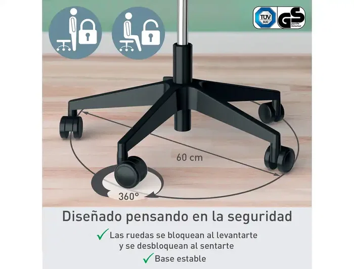 Leitz Taburete Ergo con Asiento Triangular, 5 Ruedas Giratorias, Regulable en Altura (46-59 cm), Negro, Piel Sintética