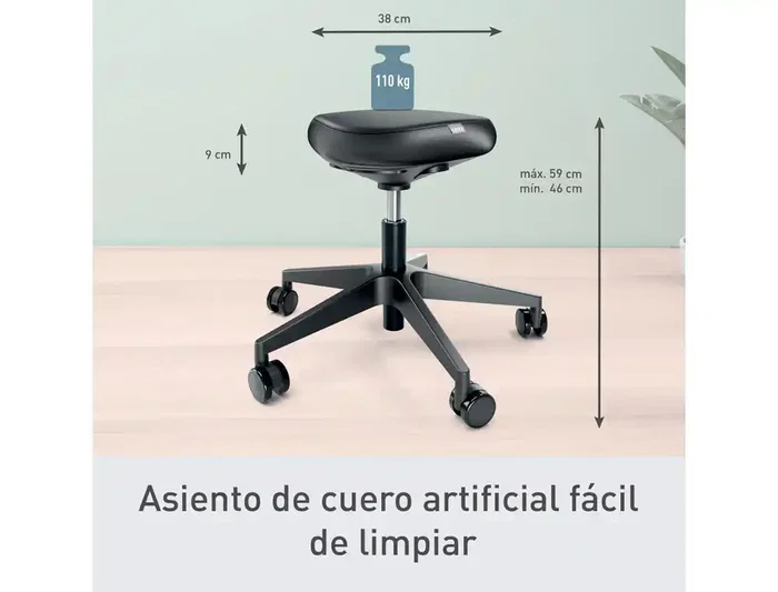 Leitz Taburete Ergo con Asiento Triangular, 5 Ruedas Giratorias, Regulable en Altura (46-59 cm), Negro, Piel Sintética