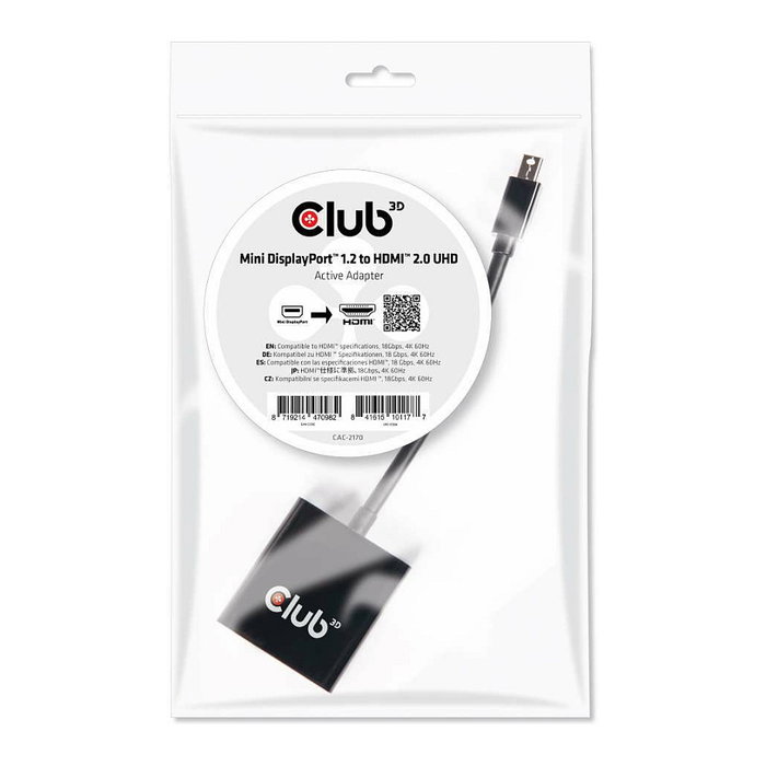 Club 3D Adaptador Activo Mini DisplayPort 1.2 a HDMI 2.0 | 0.15 m | 4K@60Hz | HDR | 3840x2160, 4096x2160 | Soporta 3D Club 3D Adaptador Activo Mini DisplayPort 1.2 a HDMI 2.0 | 0.15 m | 4K@60Hz | HDR | 3840x2160, 4096x2160 | Soporta 3D