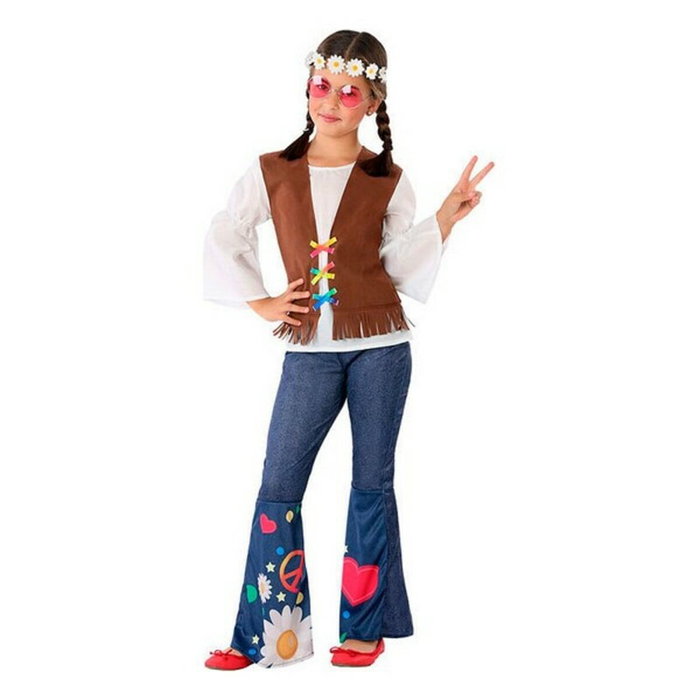 Disfraz Hippie Niña 7-9 Años - Camiseta con Chaqueta y Pantalón Vaquero Multicolor