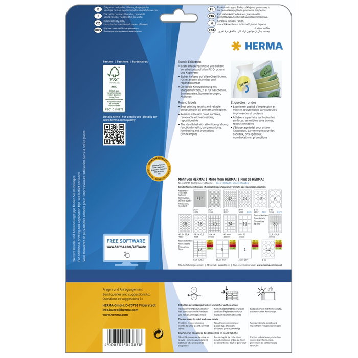 HERMA Etiquetas redondas blancas de 30 mm, 1200 unidades