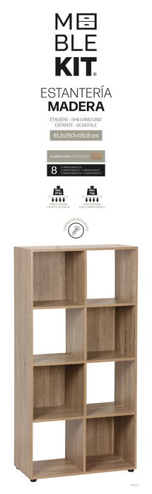 Inde Estantería Cubo de 8 Compartimentos, Medidas 61.2 x 29.7 x 120.8 cm, Color Roble Inde Estantería Cubo de 8 Compartimentos, Medidas 61.2 x 29.7 x 120.8 cm, Color Roble