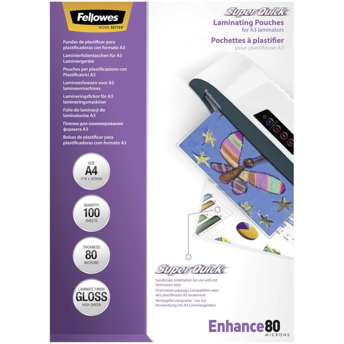 Fellowes SuperQuick Fundas de Plastificación A4 Brillantes 80 Micras Fellowes SuperQuick Fundas de Plastificación A4 Brillantes 80 Micras