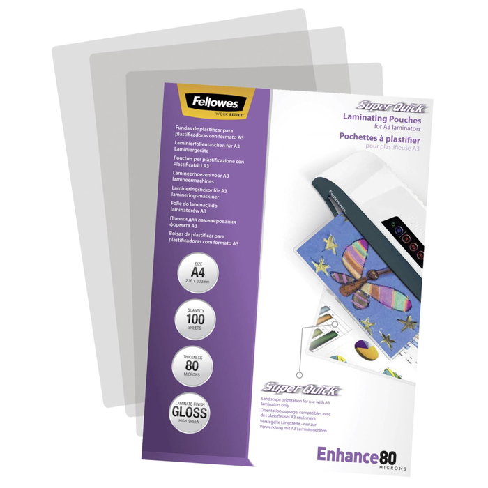Fellowes SuperQuick Fundas de Plastificación A4 Brillantes 80 Micras Fellowes SuperQuick Fundas de Plastificación A4 Brillantes 80 Micras