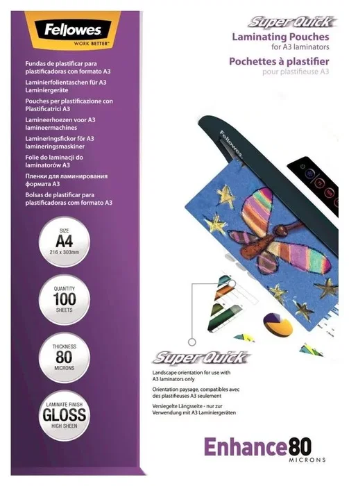 Fellowes SuperQuick Fundas de Plastificación A4 Brillantes 80 Micras Fellowes SuperQuick Fundas de Plastificación A4 Brillantes 80 Micras