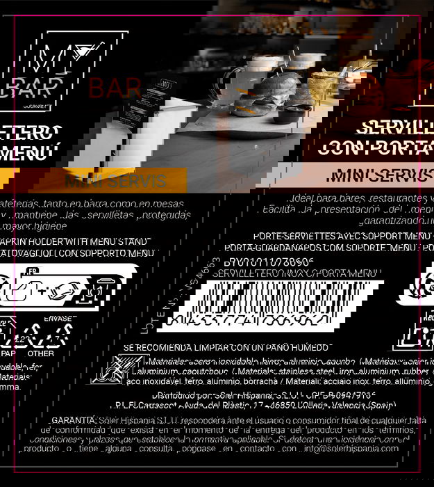 Inde Servilletero Inox con Porta Menú My Bar - 11.8 x 10.7 x 14.8 cm (12 Unidades)