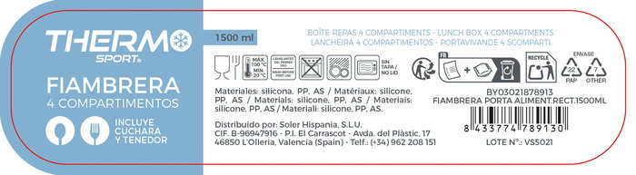 Inde Fiambrera Porta Aliment. Rectangular 1500ml 21.1x13.8x10 cm (12 Unidades)