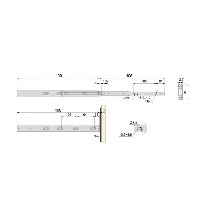 Emuca Lote de 5 juegos de guías para cajones, de bolas, altura 45mm, profundidad 400mm, extracción total, con push, cierre suave, Cincado