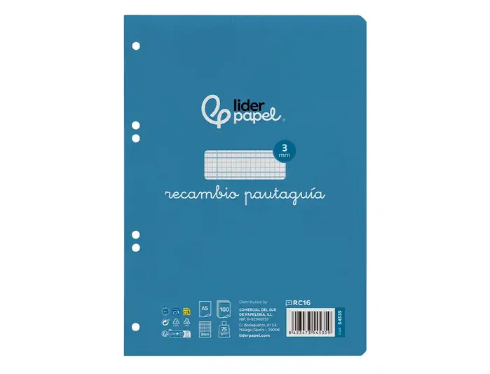Liderpapel Recambio A5 100 Hojas Cuadriculado Pautado con Margen y 6 Taladros