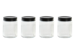 DKD Home Decor Set de 4 Botes de Cristal y Metal de 325ml, Transparente/Negro
