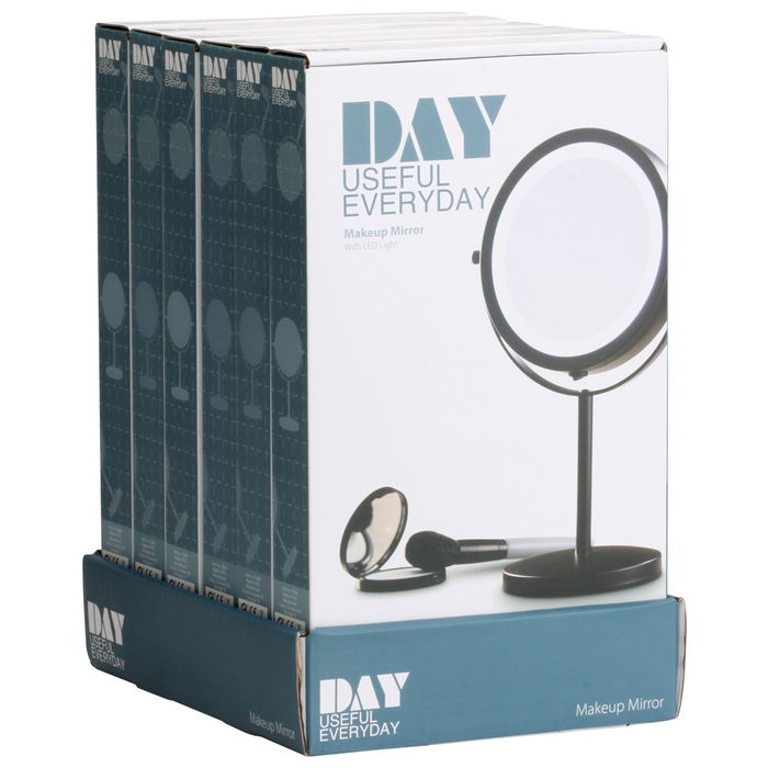 Day Espejo LED Doble Cara 5 Aumentos Iluminado 17 Bombillas Rotación 360º Negro Mate Altura 33 cm Diámetro 17.5 cm