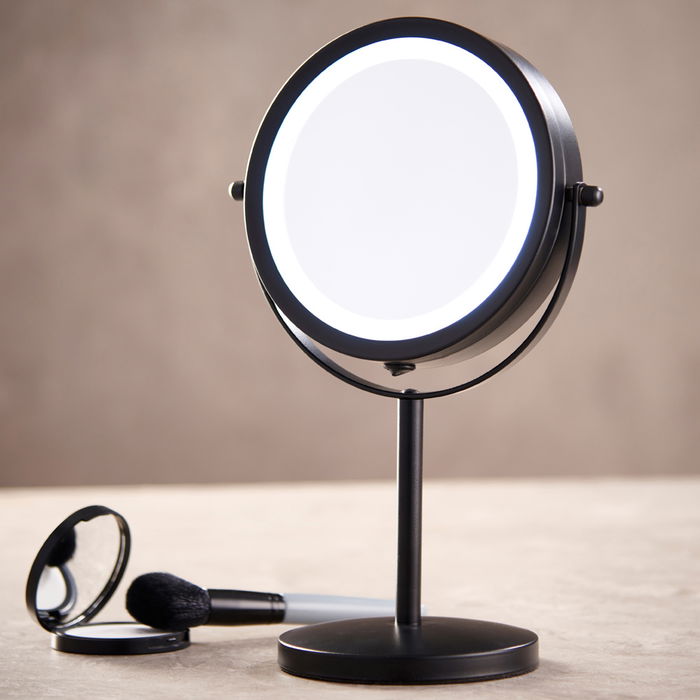 Day Espejo LED Doble Cara 5 Aumentos Iluminado 17 Bombillas Rotación 360º Negro Mate Altura 33 cm Diámetro 17.5 cm