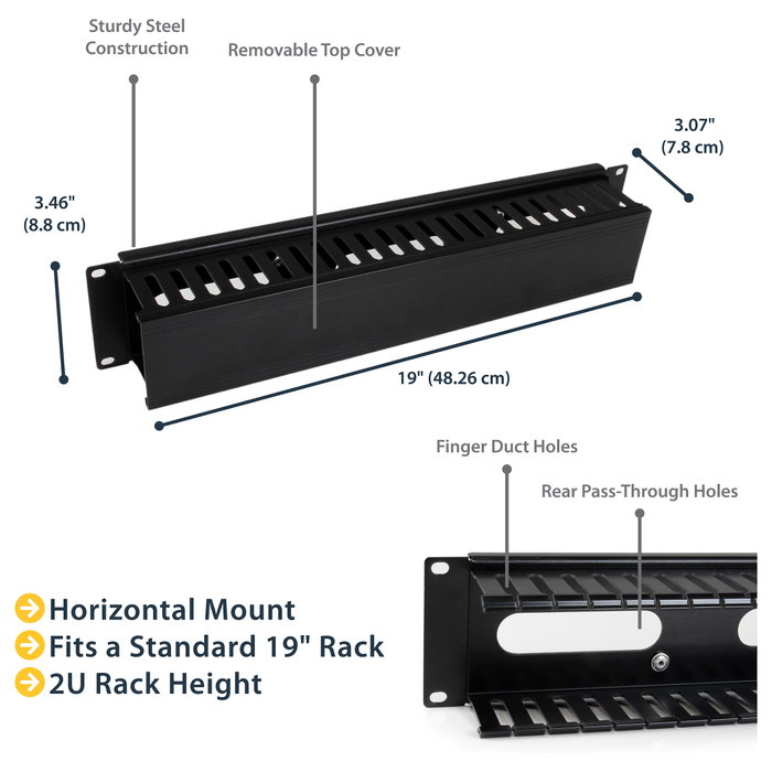 StarTech.com Panel de Gestión de Cableado Horizontal 2U, Canaleta con Cubierta para Racks, Plástico/Acero Negro, EIA RS310-D, 482 x 79 x 88.1 mm