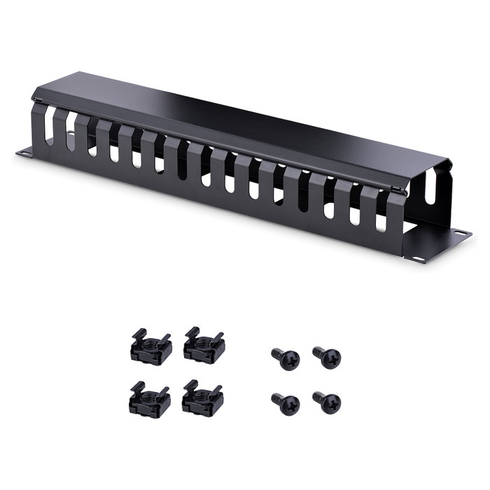 StarTech.com Panel de Gestión de Cableado Horizontal 2U, Canaleta con Cubierta para Racks, Plástico/Acero Negro, EIA RS310-D, 482 x 79 x 88.1 mm